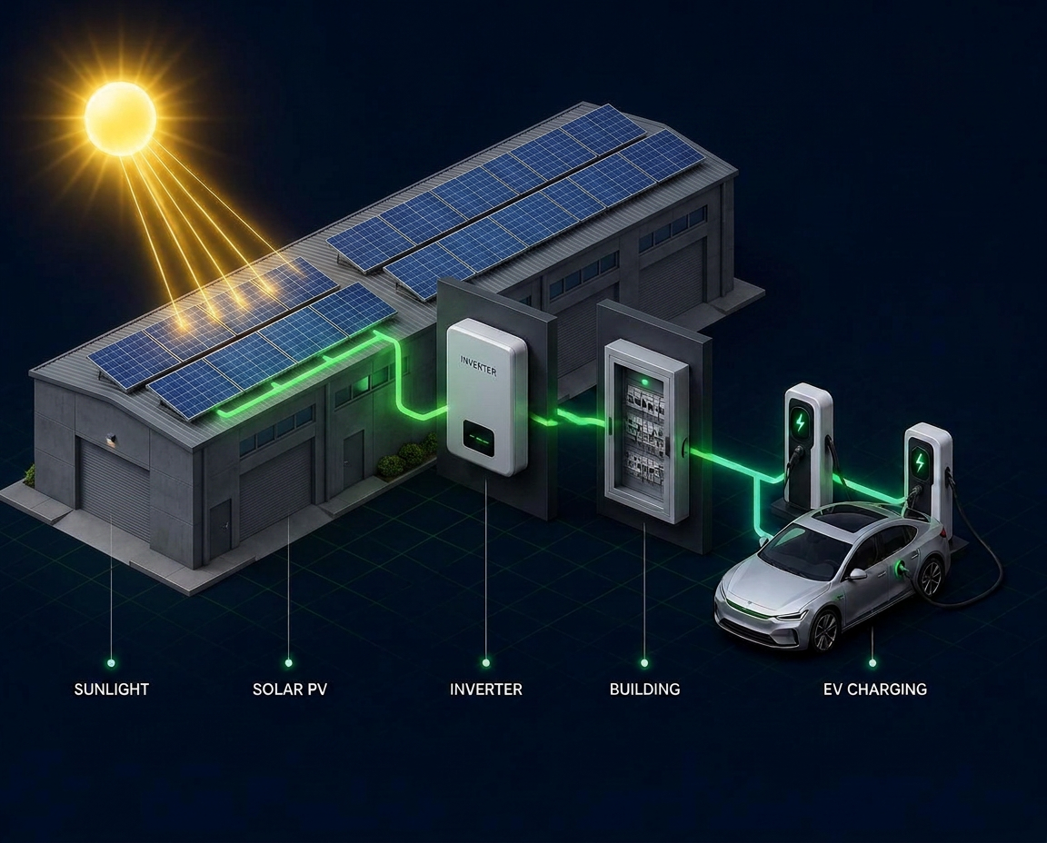 Commercial warehouse with rooftop solar panels, inverter and EV chargers showing energy flow